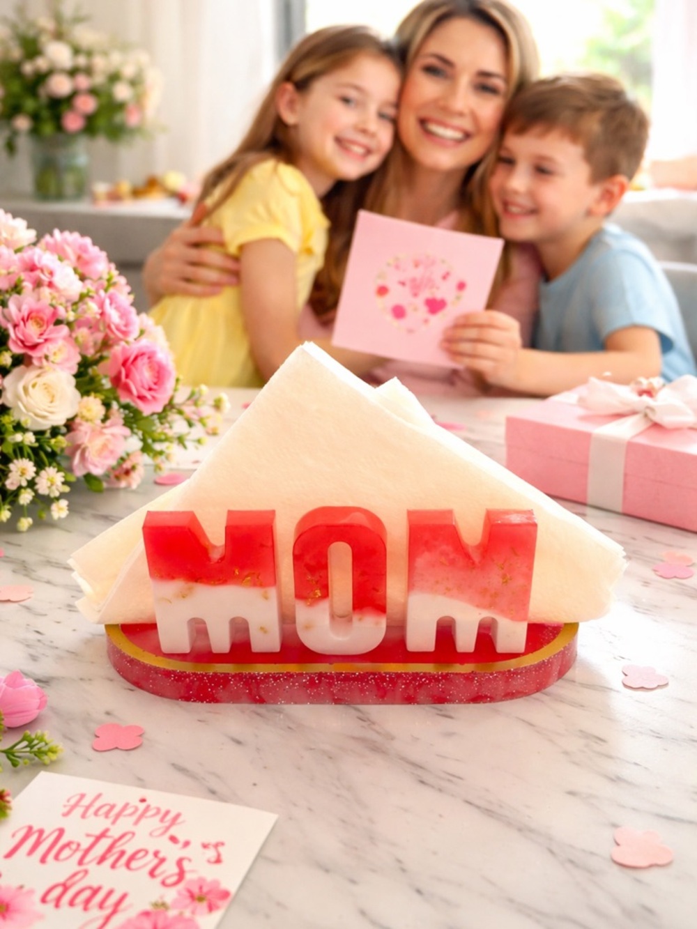 MOM Letter Napkin Holder - Pink and White Home Party Decor